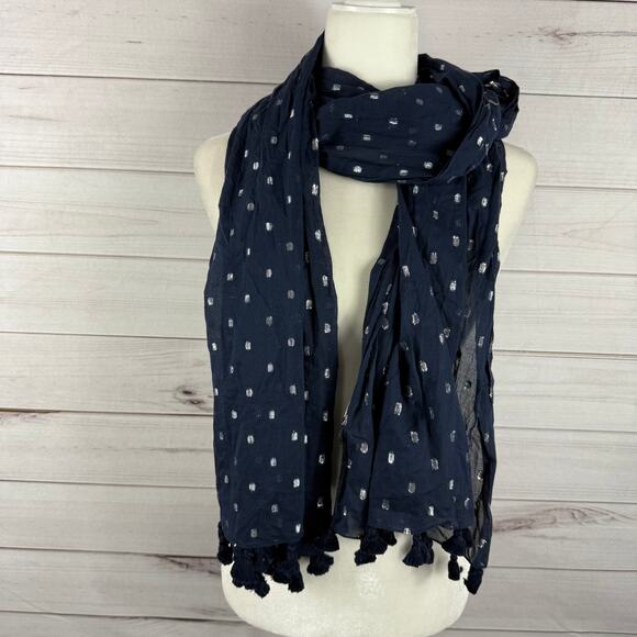 J. Crew Navy Blue Scarf Metallic Polka Dot Pom One Size - Picture 4 of 4